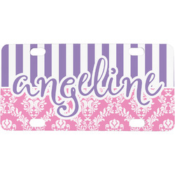 Pink & Purple Damask Mini / Bicycle License Plate (4 Holes) (Personalized)