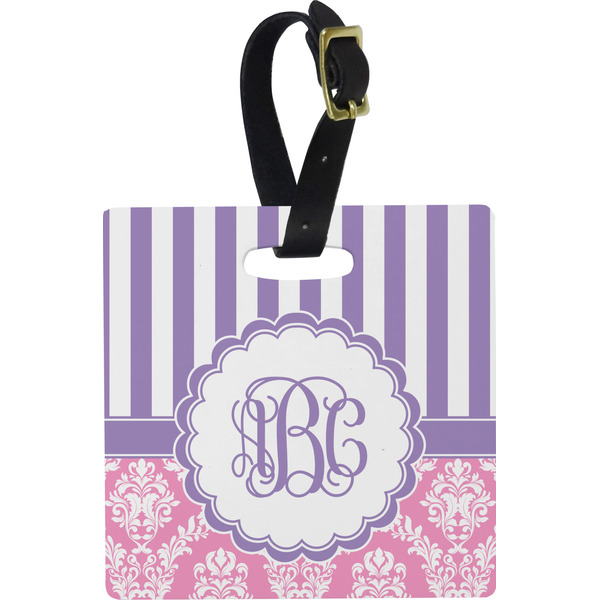 Custom Pink & Purple Damask Plastic Luggage Tag - Square w/ Monogram