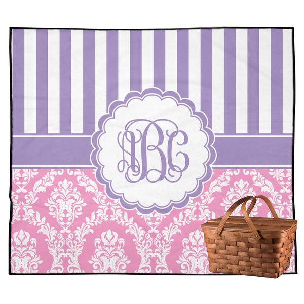 Custom Pink & Purple Damask Outdoor Picnic Blanket (Personalized)