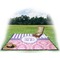 Pink & Purple Damask Picnic Blanket - with Basket Hat and Book - in Use