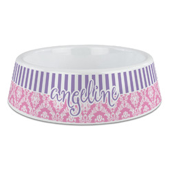 Pink & Purple Damask Plastic Dog Bowl - Large (Personalized)