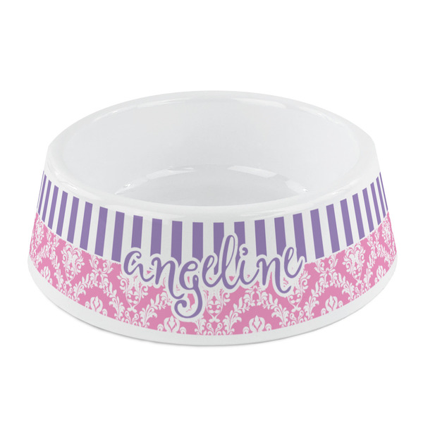 Custom Pink & Purple Damask Plastic Dog Bowl - Small (Personalized)