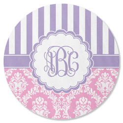 Pink & Purple Damask Round Rubber Backed Coaster (Personalized)