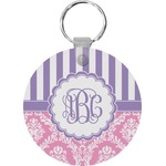 Pink & Purple Damask Round Plastic Keychain (Personalized)