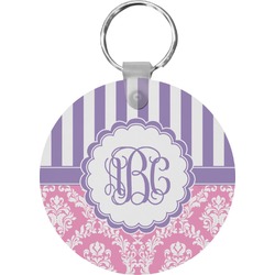 Pink & Purple Damask Round Plastic Keychain (Personalized)