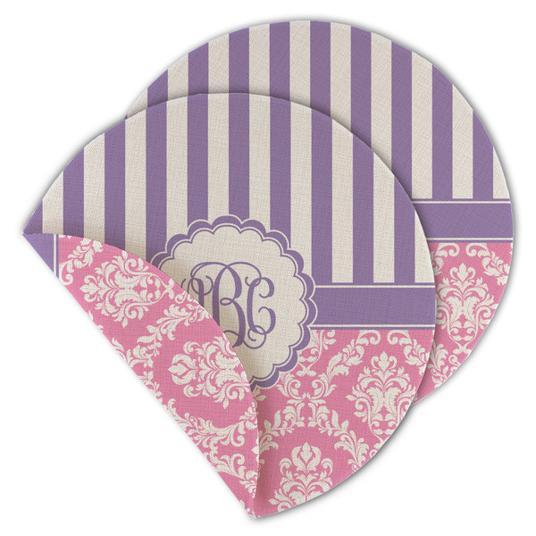 Custom Pink & Purple Damask Round Linen Placemat - Double Sided - Set of 4 (Personalized)
