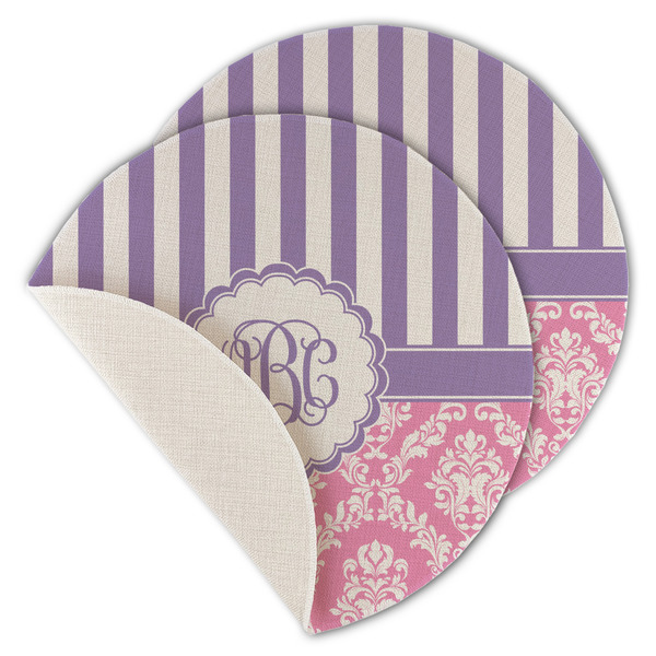 Custom Pink & Purple Damask Round Linen Placemat - Single Sided - Set of 4 (Personalized)