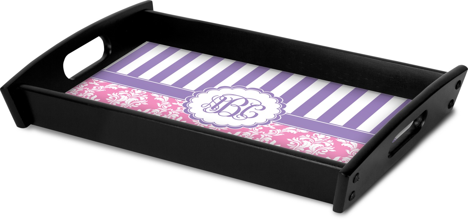 Custom Pink Purple Damask Wooden Tray Personalized YouCustomizeIt   Pink Purple Damask Serving Tray Black Corner 