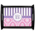 Pink & Purple Damask Black Wooden Tray - Large (Personalized)