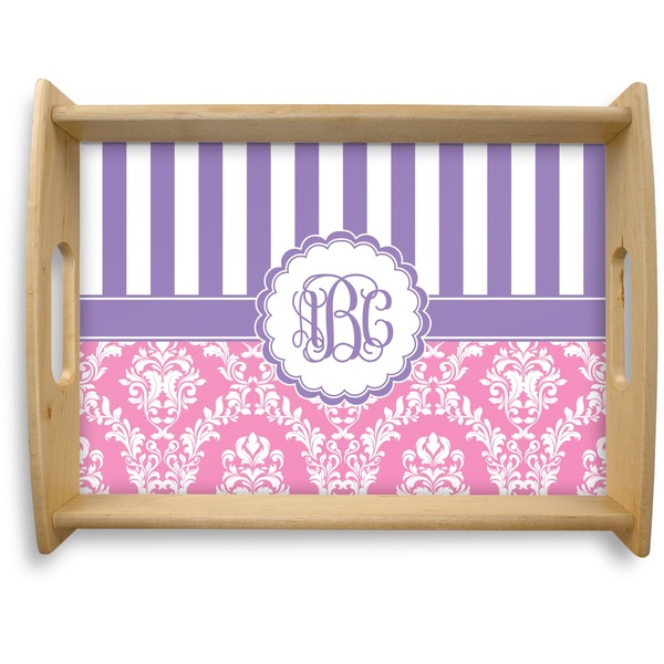 Custom Pink & Purple Damask Natural Wooden Tray - Large (Personalized)