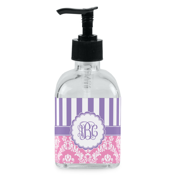 Custom Pink & Purple Damask Glass Soap & Lotion Bottle - Single Bottle (Personalized)