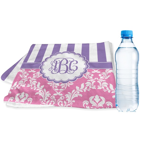 Custom Pink & Purple Damask Sports & Fitness Towel (Personalized)