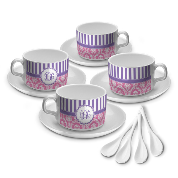 Custom Pink & Purple Damask Tea Cup - Set of 4 (Personalized)