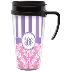 Pink & Purple Damask Acrylic Travel Mug with Handle (Personalized)