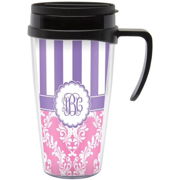 Custom Pink & Purple Damask Acrylic Travel Mug with Handle (Personalized)