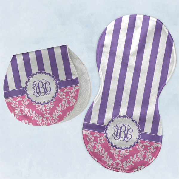 Custom Pink & Purple Damask Burp Pads - Velour - Set of 2 w/ Monogram