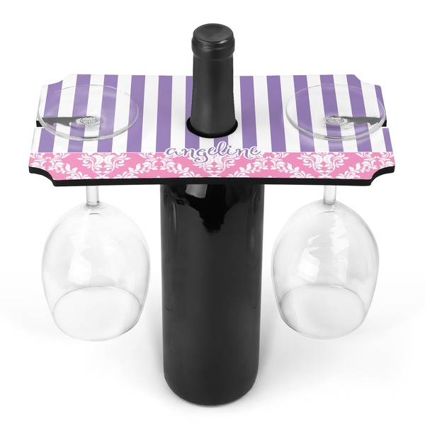 Custom Pink & Purple Damask Wine Bottle & Glass Holder (Personalized)