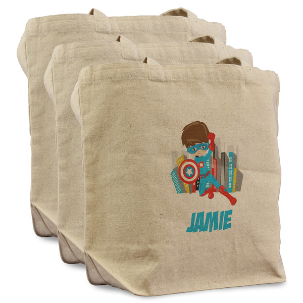 Custom Superhero in the City Reusable Cotton Grocery Bags - Set of 3 (Personalized)