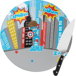 Superhero in the City Round Glass Cutting Board - Small (Personalized)