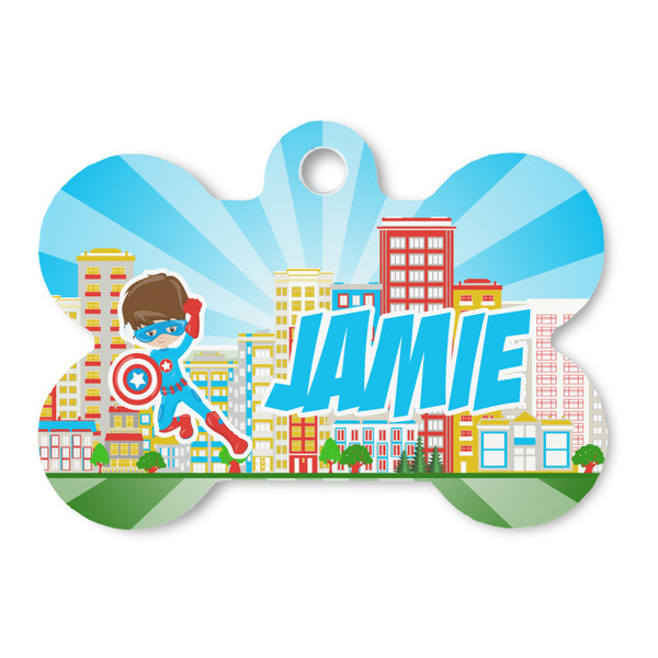 Custom Superhero in the City Bone Shaped Dog ID Tag (Personalized)