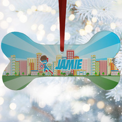 Superhero in the City Ceramic Dog Ornament w/ Name or Text