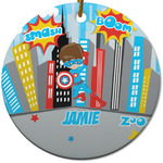 Superhero in the City Round Ceramic Ornament w/ Name or Text