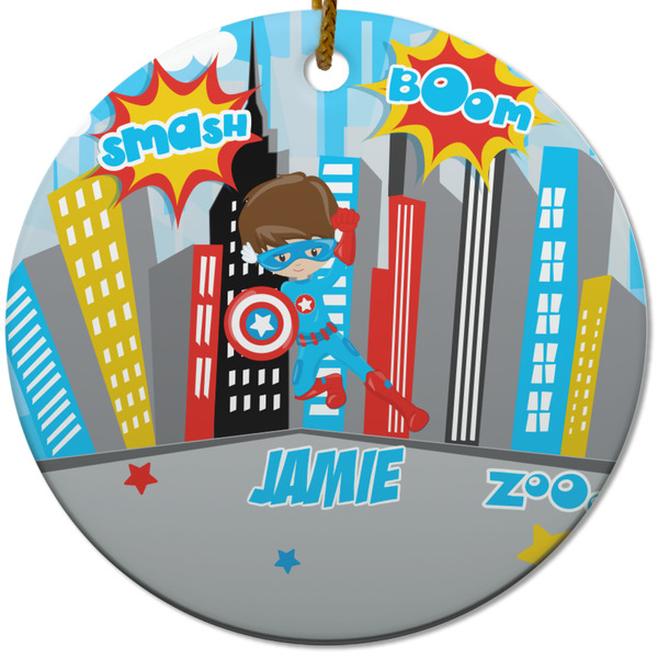 Custom Superhero in the City Round Ceramic Ornament w/ Name or Text