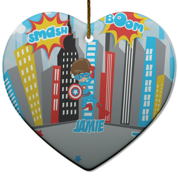 Custom Superhero in the City Heart Ceramic Ornament w/ Name or Text