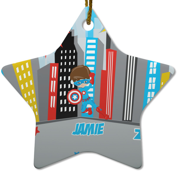 Custom Superhero in the City Star Ceramic Ornament w/ Name or Text