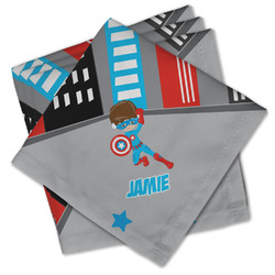 Superhero in the City Cloth Cocktail Napkins - Set of 4 w/ Name or Text