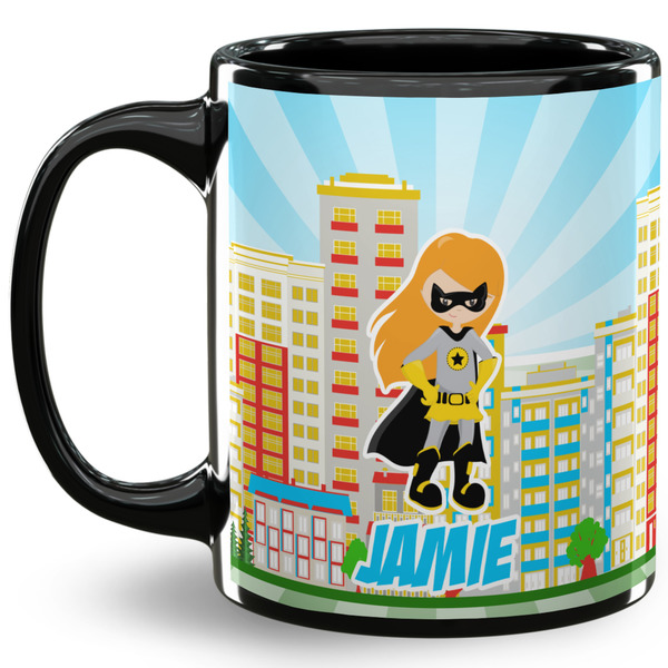 Custom Superhero in the City 11 Oz Coffee Mug - Black (Personalized)