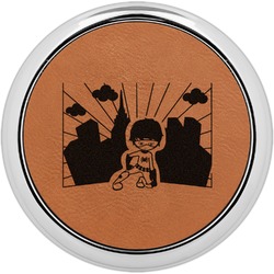 Superhero in the City Leatherette Round Coaster w/ Silver Edge - Single or Set