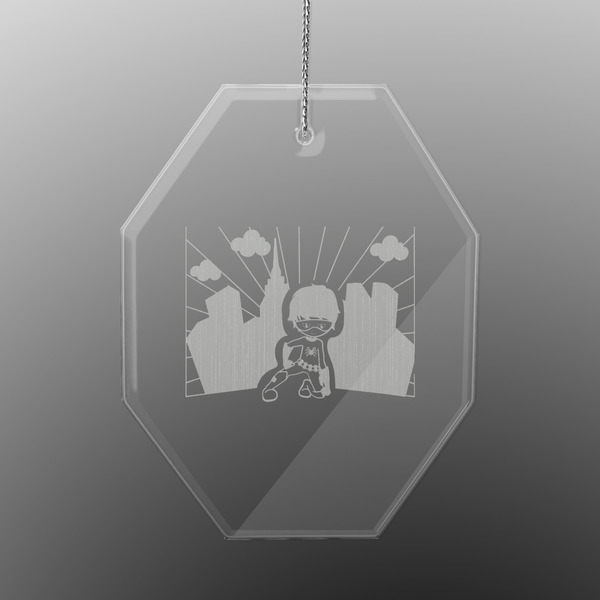 Custom Superhero in the City Engraved Glass Ornament - Octagon