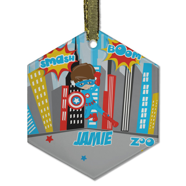 Custom Superhero in the City Flat Glass Ornament - Hexagon w/ Name or Text