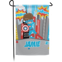 Superhero in the City Small Garden Flag - Double Sided w/ Name or Text