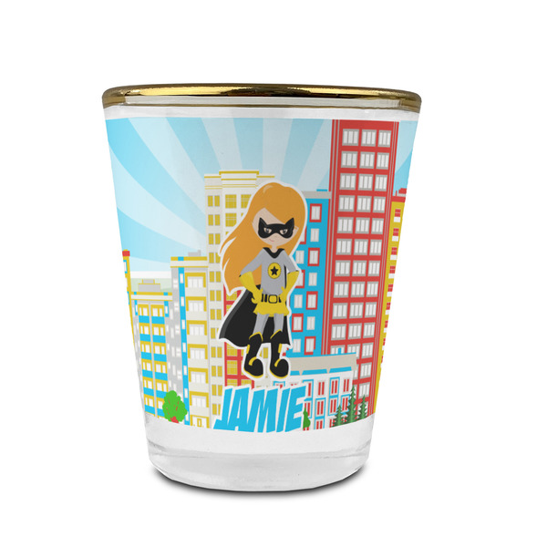 Custom Superhero in the City Glass Shot Glass - 1.5 oz - with Gold Rim - Set of 4 (Personalized)