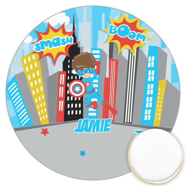 Custom Superhero in the City Printed Cookie Topper - 3.25" (Personalized)