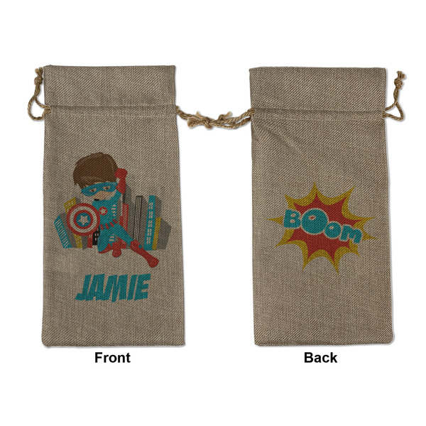 Custom Superhero in the City Large Burlap Gift Bag - Front & Back (Personalized)