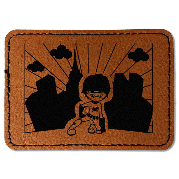 Custom Superhero in the City Faux Leather Iron On Patch - Rectangle