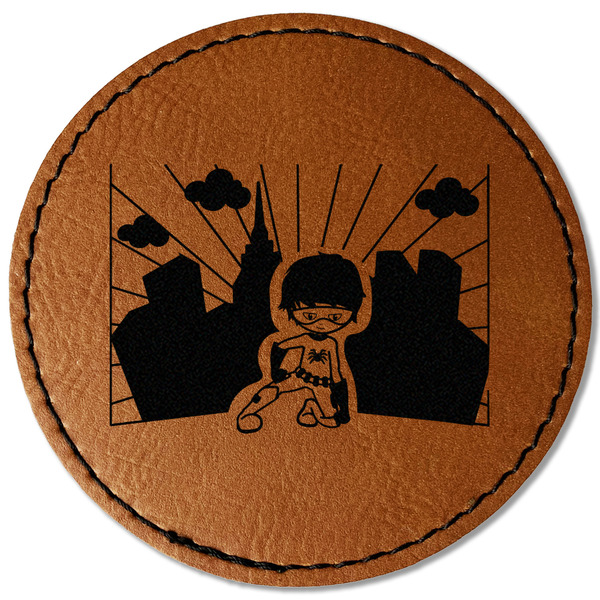 Custom Superhero in the City Faux Leather Iron On Patch - Round