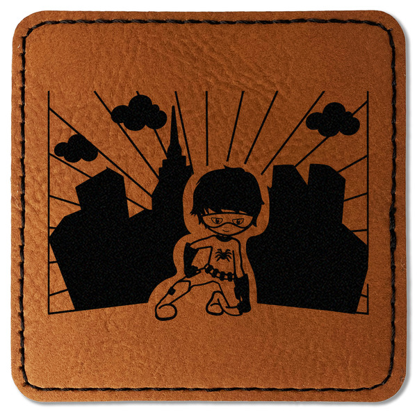 Custom Superhero in the City Faux Leather Iron On Patch - Square