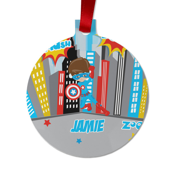 Custom Superhero in the City Metal Ball Ornament - Double Sided w/ Name or Text