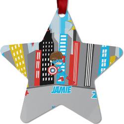 Superhero in the City Metal Star Ornament - Double Sided w/ Name or Text