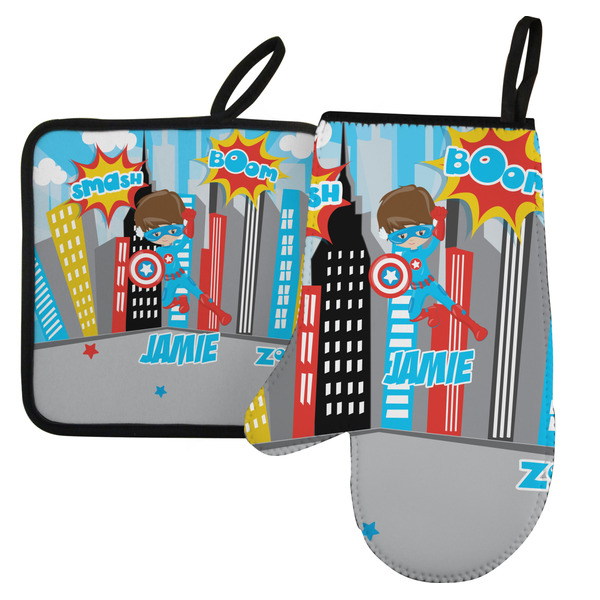 Custom Superhero in the City Left Oven Mitt & Pot Holder Set w/ Name or Text