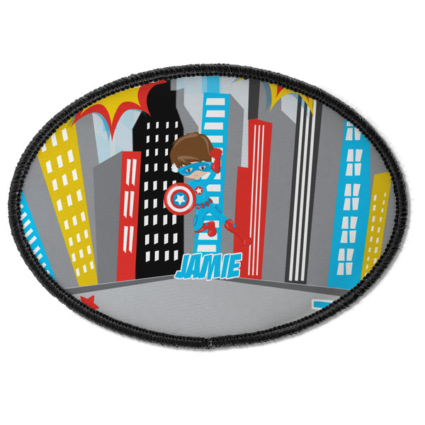 Custom Superhero in the City Iron On Oval Patch w/ Name or Text