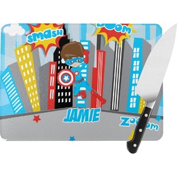 Superhero in the City Rectangular Glass Cutting Board - Large - 15.25"x11.25" w/ Name or Text