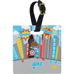 Superhero in the City Plastic Luggage Tag - Square w/ Name or Text
