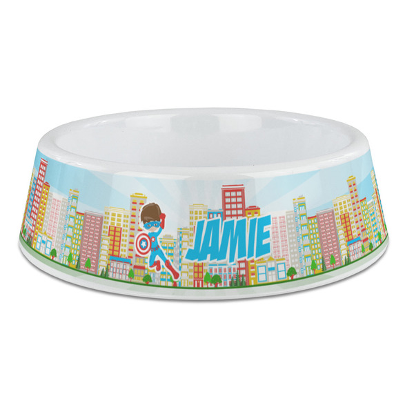 Custom Superhero in the City Plastic Dog Bowl - Large (Personalized)