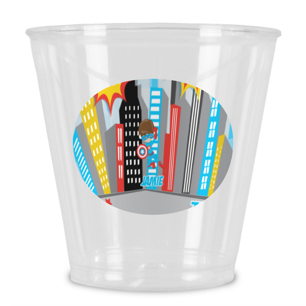 Custom Superhero in the City Plastic Shot Glass (Personalized)