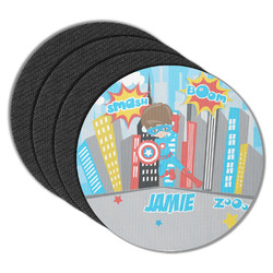 Superhero in the City Round Rubber Backed Coasters - Set of 4 (Personalized)